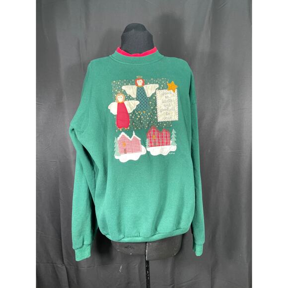 Vintage Christmas Sweatshirt Valorie's Folk Art Applique, Angels Peace on Earth - Picture 1 of 7